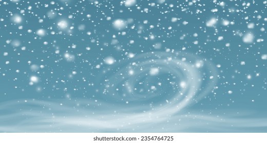 Bizarda de invierno con chispas, caída de nieve con copos de nieve y ventisca. Ilustración. Luz, polvo, invierno, ventisca, Navidad, vector. El efecto de una tormenta de invierno, nevadas, hielo.