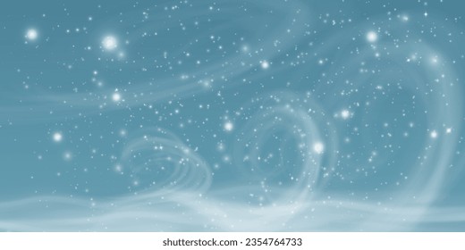 Winterblizzard mit Funkeln, fallender Schnee mit Schneeflocken und Blasen. Illustration. Licht, Staub, Winter, Blasen, Weihnachten, Vektorgrafik. Die Auswirkungen eines Wintersturms, Schneefall, Eis.