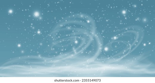 Bizarda de invierno con chispas, caída de nieve con copos de nieve y ventisca. Ilustración. Luz, polvo, invierno, ventisca, Navidad, vector. El efecto de una tormenta de invierno, nevadas, hielo.