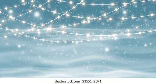 Winter blizzard with sparkles and garlands, falling snow with snowflakes and blizzard. Illustration. Light, dust, winter, blizzard, Christmas, vector. The effect of a winter storm, snowfall, ice.