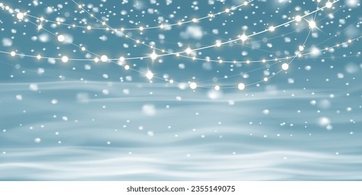 Winterblizzard mit Funkeln und Garnelen, fallender Schnee mit Schneeflocken und Blasen. Illustration. Licht, Staub, Winter, Blasen, Weihnachten, Vektorgrafik. Die Auswirkungen eines Wintersturms, Schneefall, Eis.