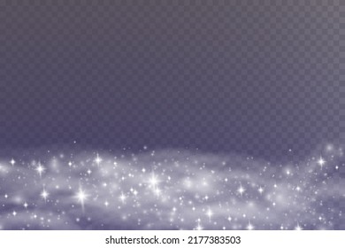 Winter blizzard with sparkles of snow on a transparent background, cold winter wind, cold. Christmas night, holiday illustration.