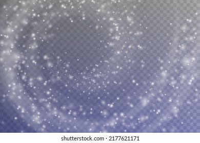 Winter blizzard with sparkles of snow on a transparent background, cold winter wind, cold. Christmas night, holiday illustration.