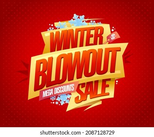 Winter blowout sale, mega discounts, vector web banner or flyer design mockup, bright red color