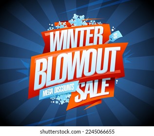 Winter blowout sale, mega discounts, vector web banner template with red ribbon