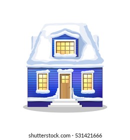 winter blu house. Country cozy house, covered in snow on a white background.