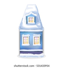 winter blu house. Country cozy house, covered in snow on a white background.