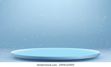 Winter Blue 3D Scene with Circular Podium and Falling Snow for Product Display and Mockup