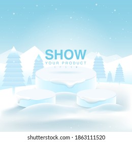 Winter Blue Abstract Background With Snowflakes And Product Showcase Stage. Vector EPS 10