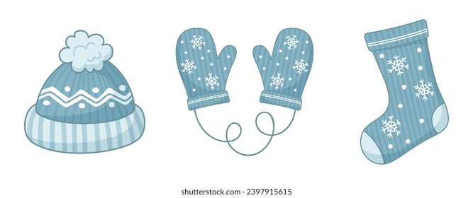 Winter blue accessories set. Beanie, mittens and socks. Vector.