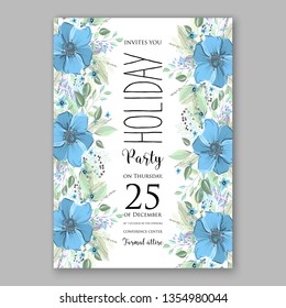 Winter blue anemone poppy fir floral Christmas Party invitation wedding invitation card template with floral vector background