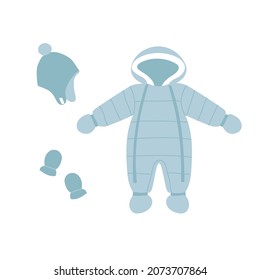 Winter blue baby overalls, winter hat and mittens. Flat style snow suit with hood. Baby clothing. Isolated vector illustration 