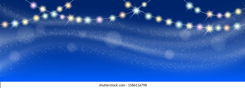 Winter blue background, blizzard. Glowing lights for Xmas Holiday greeting card design. Garlands, Christmas decorations.