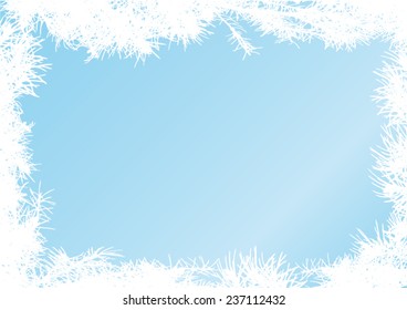 Winter blue background with branch needles white silhouette frame - vector - space for text