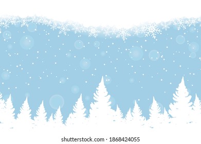 Winter blue background with christmas trees and snowflakes.