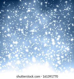 Fondo azul invernal con copos de nieve cristalinos. Decoración navideña. Vector.