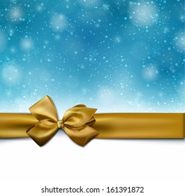 Winter blue background with crystallic snowflakes with golden gift bow. Christmas decoration. Vector.  