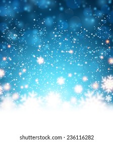 Winter Blue Background. Fallen Defocused Snowflakes. Christmas. Vector. 