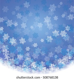 Winter blue background with fallen snowflakes. Festive card. Vector illustration