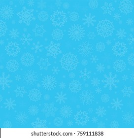 Winter blue background with fallen snowflakes. Christmas or new year template with space for text. Vector illustration, banner, poster.