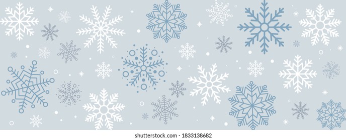 Winter blue background with falling snow. Christmas and New Year festive design with seamless pattern made of beautiful snowflakes in modern line art style. Xmas decoration. Vector illustration.