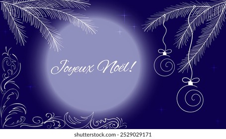 Winter blue background. Blue moon on blue sky. Hand drawn with white outline. Spruce branches with Christmas balls. Inscription in French Merry Christmas. Winter patterns in the corner. Vector eps10
