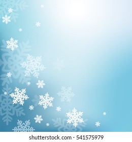 Winter blue background with snow and snowflakes vector illustration. Template for Christmas and New Year card.