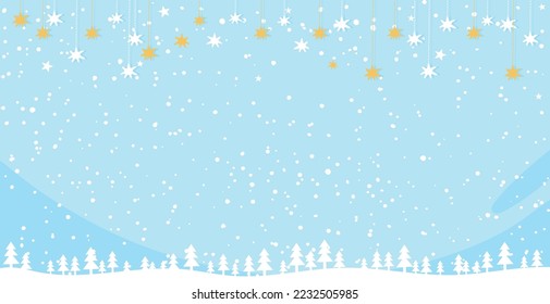 Winter blue background with snowfall and stars decor, beautiful christmas banner with copy space for text. Flat vector background for design.