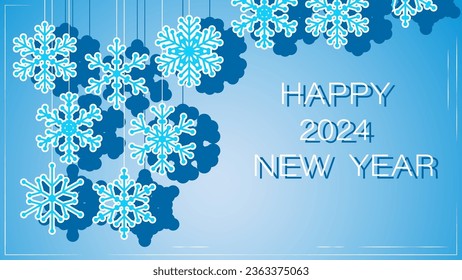 Winter blue background with snowflake toys and effect of frost cold ice. Festive horizontal backdrop for winter Happy 2024 new year party. Snowflakes of frosted winter weather and festive mood. Vector