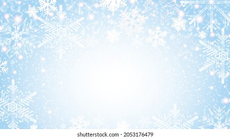 Fondo azul invernal con copos de nieve. Hermosas nevadas brillantes vector Ilustración. Perfecto para fondo, banner, afiche, tarjeta de deseos, publicidad, venta, tarjeta de saludo, invitación y otros.