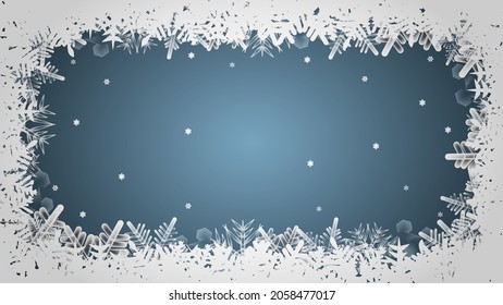 Fondo azul invernal con copos de nieve. Hermosas nevadas brillantes vector Ilustración. Perfecto para fondo, banner, afiche, tarjeta de deseos, publicidad, venta, tarjeta de saludo, invitación y otros.