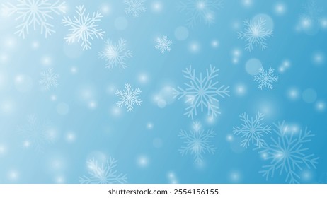 Winter blue background with snowflakes and bokeh effect. Sparkling flying snow flakes texture.