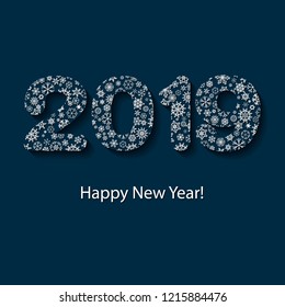 Winter blue background with Snowflakes and numbers 2019. Postcard, banner design element. Great for New year party posters, headers. Vector illustration.
