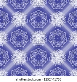 Winter blue background with snowflakes seamless pattern. Christmas seamless pattern. Mandala flower decorative elements. White snowflakes on blue background. Vintage vector snow patern.