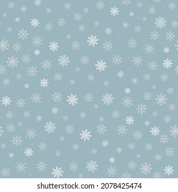 Winter blue background with snowflakes seamless pattern. White snowflakes on blue background. Vector snowflakes scattered pattern.