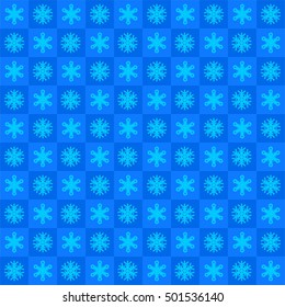 Winter blue background with snowflakes in blue squares in a row side by side and beneath. Christmas checkered background