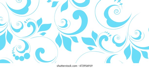 Winter blue background with white floral pattern. Horizontal, narrow.