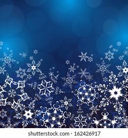 Winter blue background with white ornate snowflakes. New Year and Christmas celebratory card with place for text. Beautiful winter wallpaper. Vector illustration