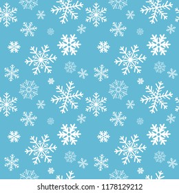 Winter blue background with white snowflakes. For textile, paper, scrapbooking, wrapping, web and print design. Seamless pattern. Vector illustration. Christmas and New Year design