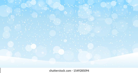 Winter blue banner with falling snow. Hello winter. Background for New Year s cards. Merry Christmas. Frosty background with snowfall. Shining balls, bokeh, sky. Flat stock vector.