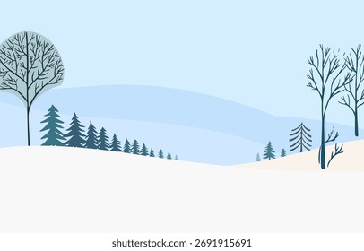Anuncio azul del invierno con el árbol de pino en bosque para las Navidades felices y la tarjeta feliz de la invitación del año nuevo