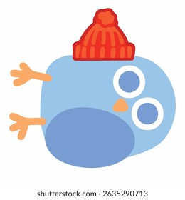 Winter blue bird dressing warm for the cold Christmas season. Red pom pom beanie. Cute vector illustration for winter product advertisement, holiday stickers, and website mascots in EPS 10 format.