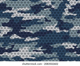 Winter blue camouflage background with mesh, vector pattern, classic stylish design. Abstraction disguise