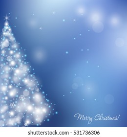 Winter blue christmas card with pine , twinkle, christmas ball and space for your text. Hand drawn vector pattern