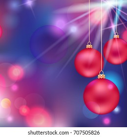 Winter blue christmas card with red christmas ball and space for your text. Hand drawn vector pattern