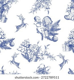 Winter, blue, Christmas pattern, toile de Jouy design with Christmas tree, snowman, holly, deer.