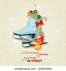 Winter blue christmas skates in vector. Vector Illustration with retro gifts. Postcard for New year
