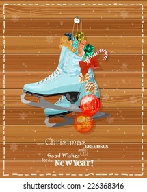 Winter blue christmas skates in vector. Vector Illustration with retro gifts. Postcard for New year