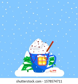 Winter blue cup with a drink, a window, a garland, Christmas trees and a sleigh in the snow isolated on a blue background. Stock vector illustration for postcards and posters, for decor, design 