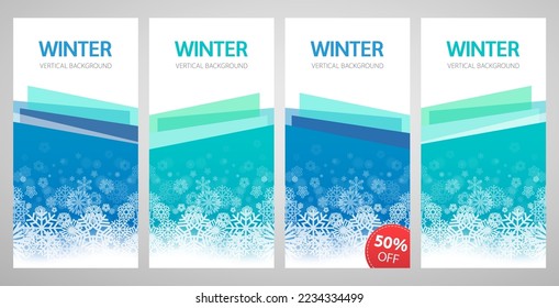 Pancartas de descuento azul invernal con copos de nieve. Colección de volantes verticales. Plantillas vectoriales para el diseño del proyecto de vacaciones.